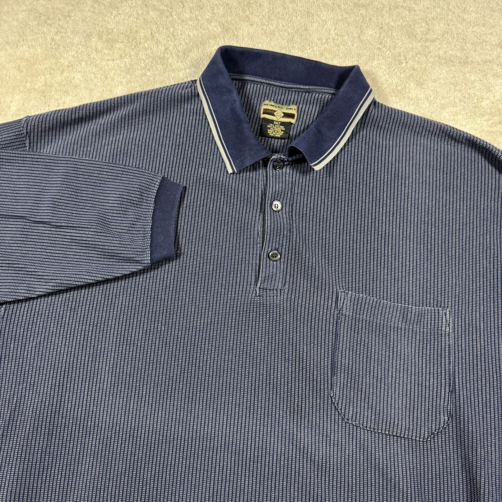 Members Only Polo Shirt Mens 3XLT Blue Long Sleeve Micro Check Pocket Ribbed Hem